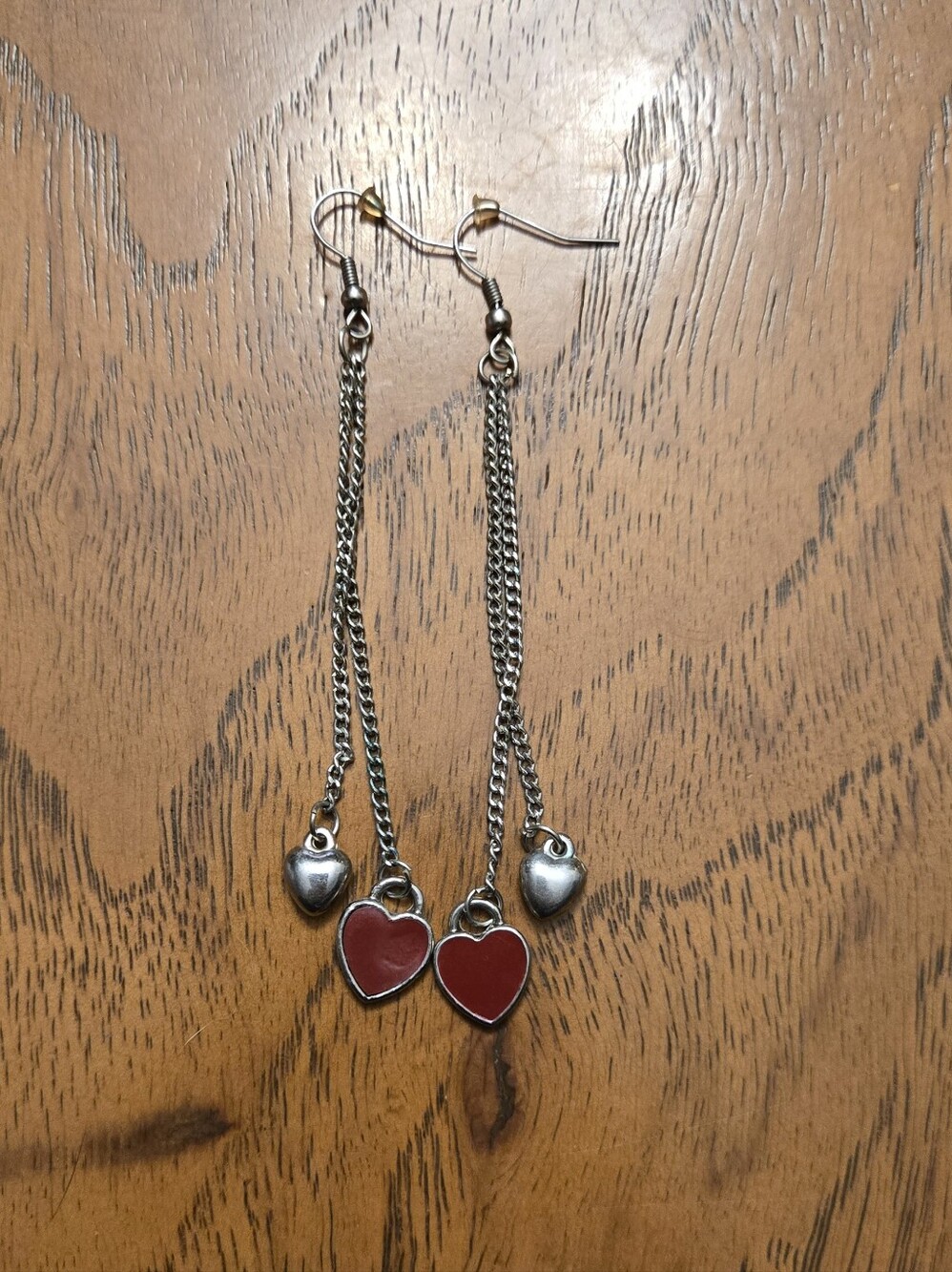 Silver Dangle Earrings with Red Heart Charms
